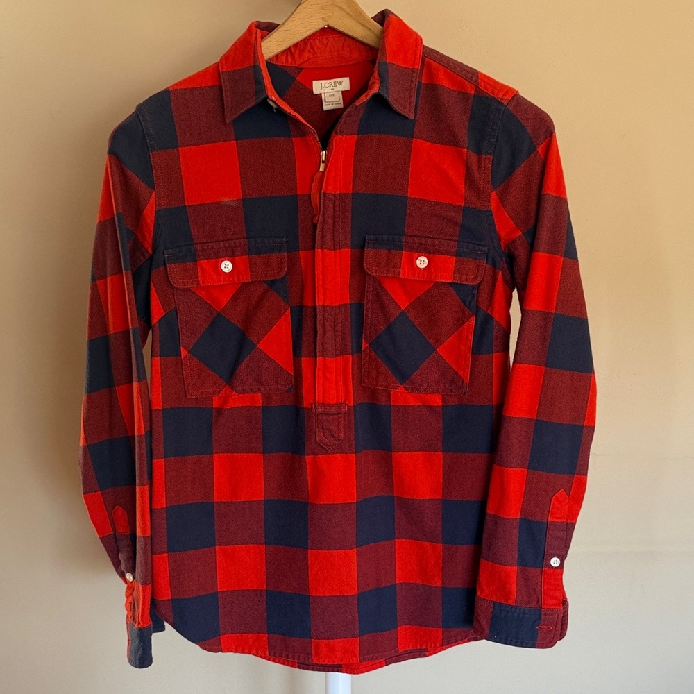 J. Crew Red and Navy Checkered 3/4 Zip Up Shirt